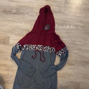 Burgundy and Gray Leopard Print Hoodie